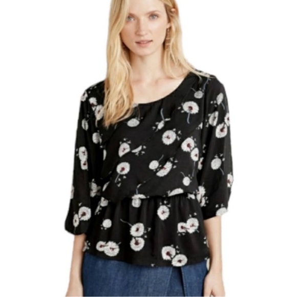 Anthropologie Deletta Black Wished Blooms Crewneck Open 3/4 Sleeve Blouse Top - Picture 1 of 9